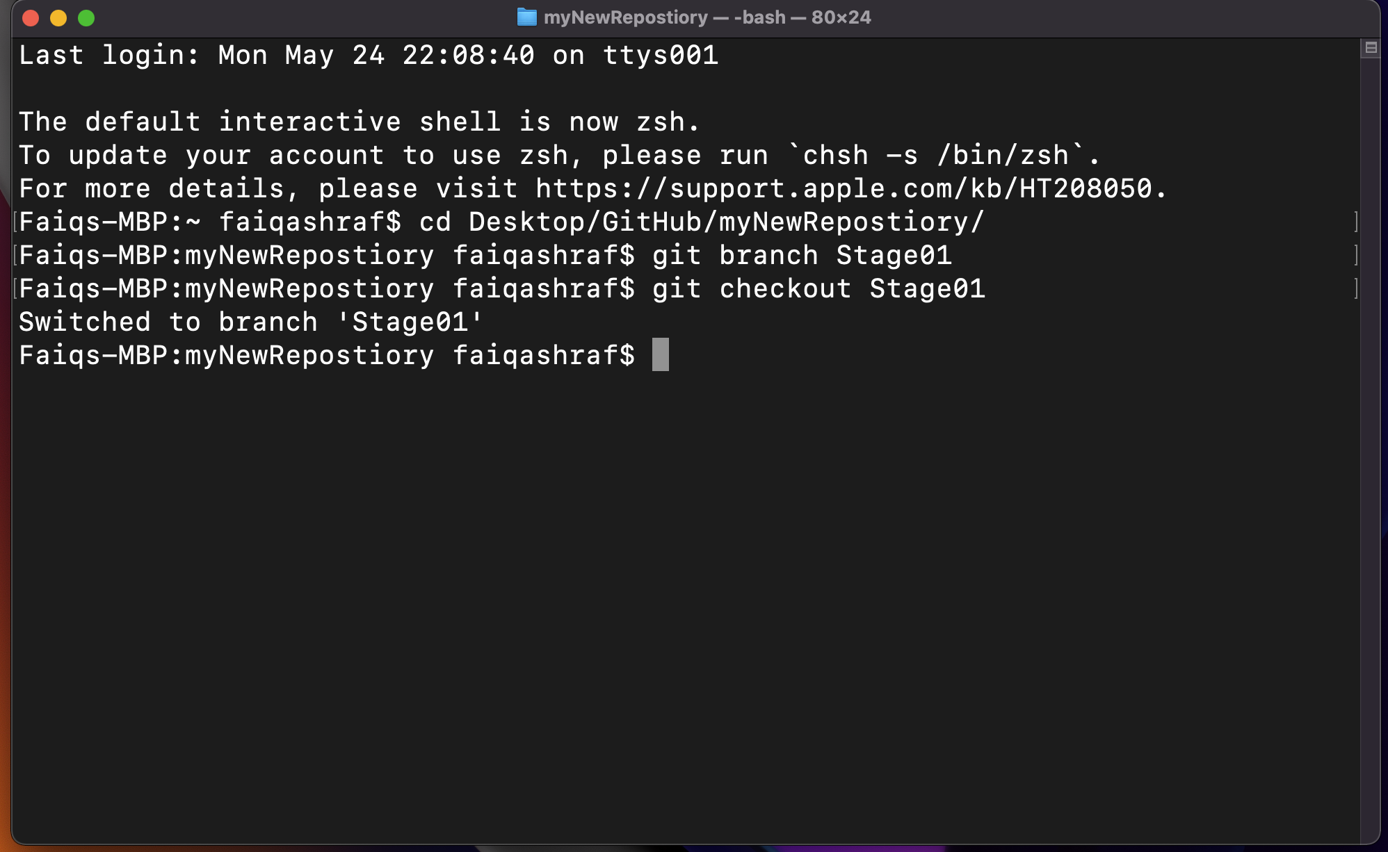 switching to newly created branch in terminal