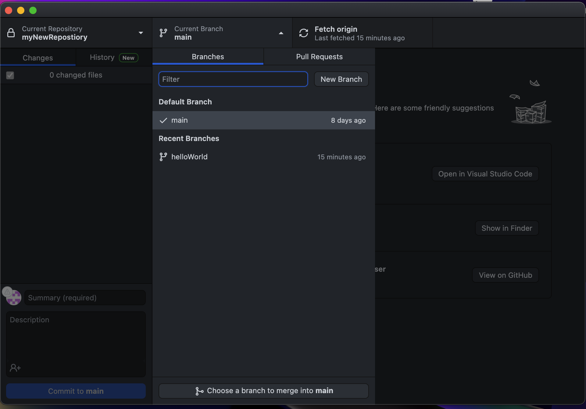 selecting branch to merge in github desktop
